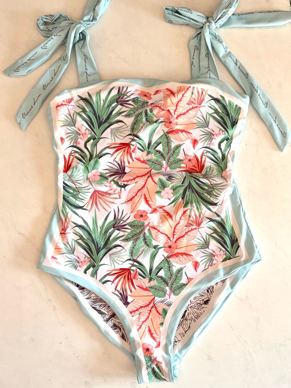 Reversible One Piece swimsuit, tropical print, toile print, tie straps, coquette